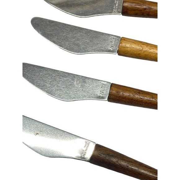 4 Vintage MCM Cheese Knives Stainless Dal USA Wooden Handles - Picture 3 of 7